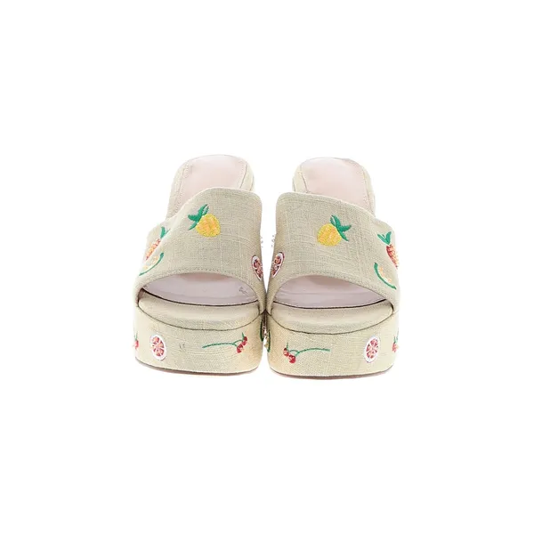 Beige Linen Fruit Embroidered Platform Mule Sandals Chunky Block Heel Y2K 11 - Image 2