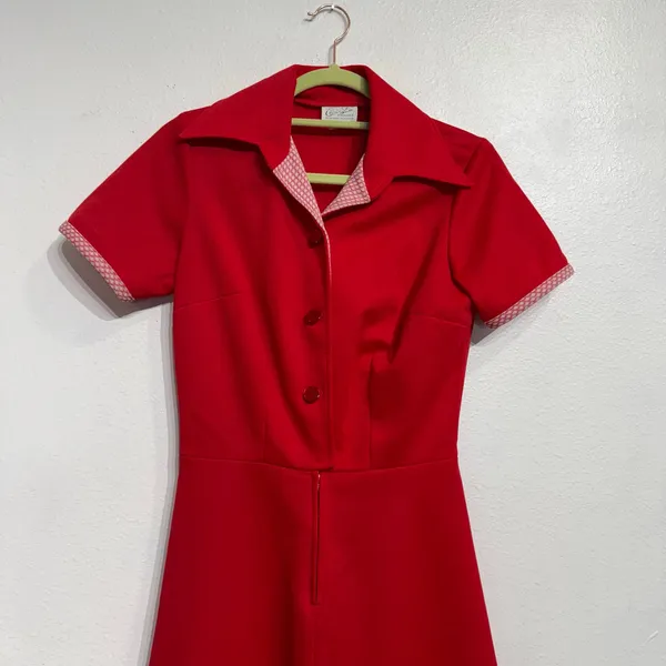 Cari Lu Red Dagger Collar Belted Fit Flare Vintage Midi Dress Sz 10 - Image 3
