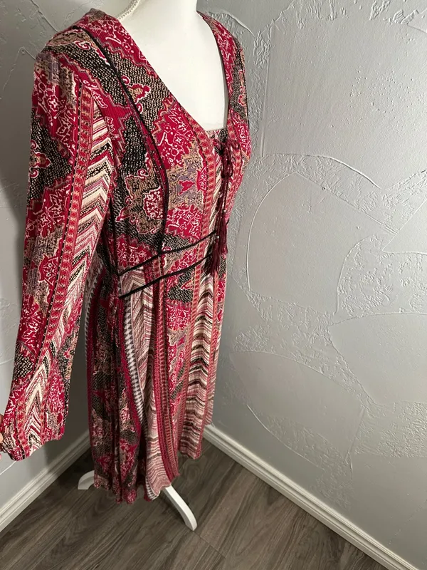 Reba Red & Brown Boho Tie-Front Long-Sleeve Midi Dress - Image 6