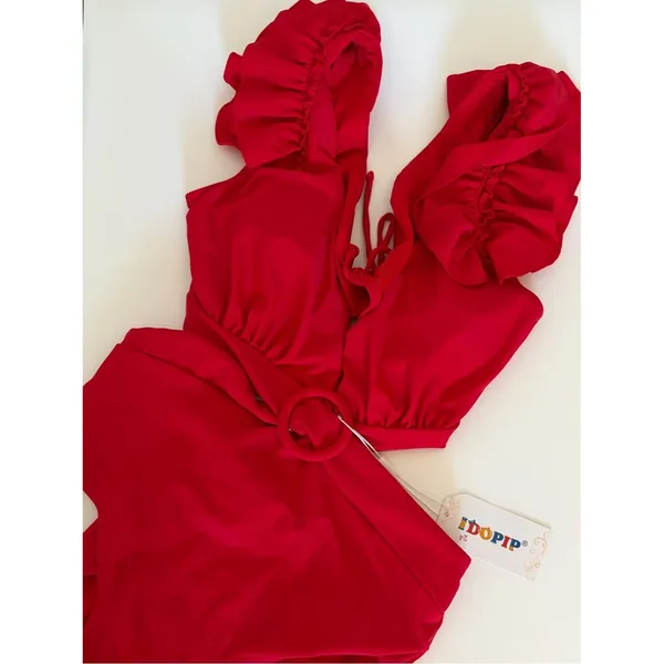 Red Ruffle Shoulder Cutout One-Piece Swimsuit NEW Medium - Image 3