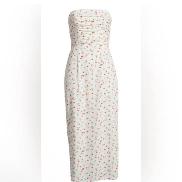 NWT WAYF Birdie Ruched Strapless Midi Dress‎ Ivory Ditsy Sz Small $99 - Image 2