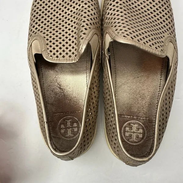 Tory Burch Women size 9.5 Metallic Gold Perforated Leather Slip On Shoes - Image 9