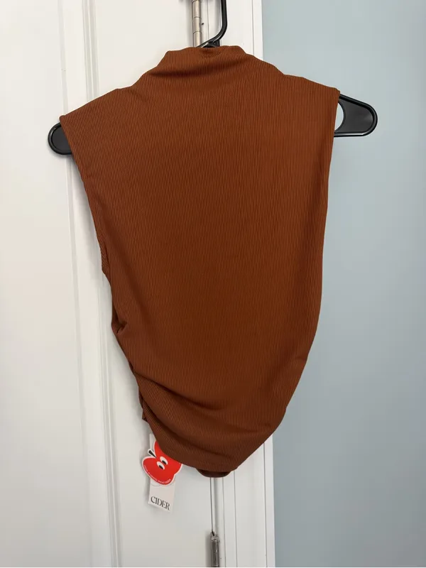 Cider Sleeveless Ribbed Mock Neck Tank in Rust Brown - Image 2