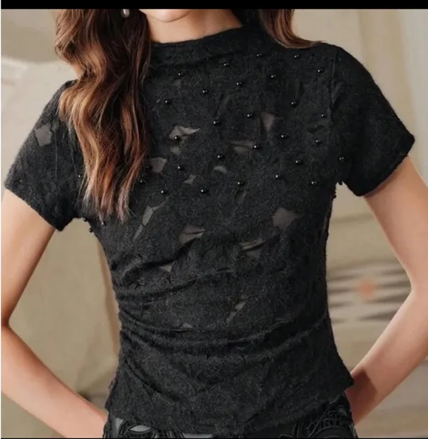 Alice + Olivia Black Burnout Beaded Mock Neck Top Short Sleeve Ruched - Image 5