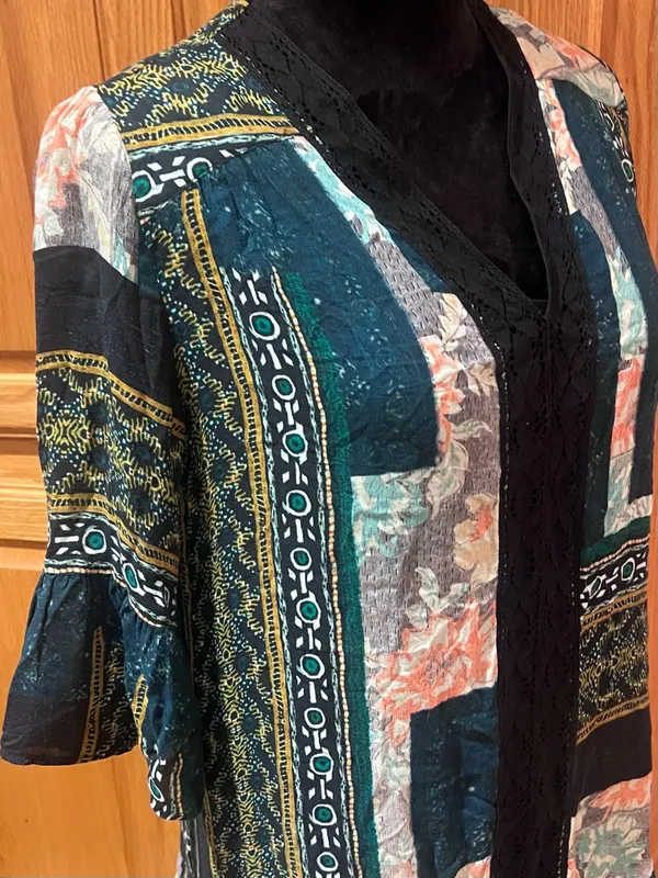 Anthropologie Maeve Patchwork‎ Lace Trim Peasant Mini Dress Tunic Green Size XS - Image 8