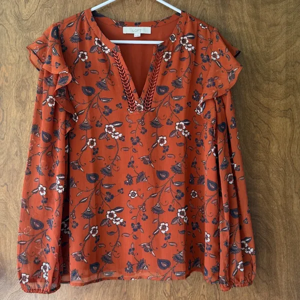 Loft sz M Ruffled Sheer Rust Red Floral Embroidered Crochet Blouse Top Bohemian - Image 2