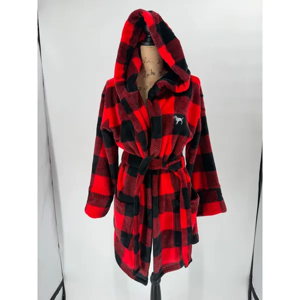 Victoria's Secret Robe Women XS/S Red Black Buffalo Plaid Sequin Cozy Cabin - Image 2