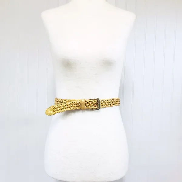 VINTAGE 90s Gold Metallic Woven Leather Belt Braided‎ Y2K Retro Medium Large - Image 5