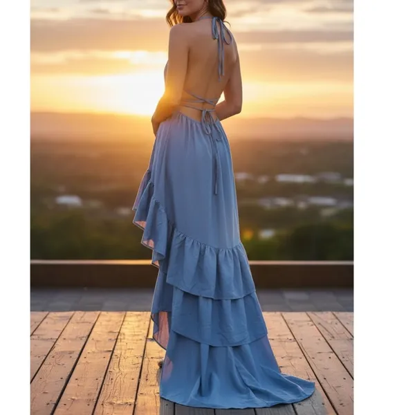 NWT ~ Women's Sexy Blue Ruffled Backless Halter Maxi Beach Dress ~ Size XL - Image 2
