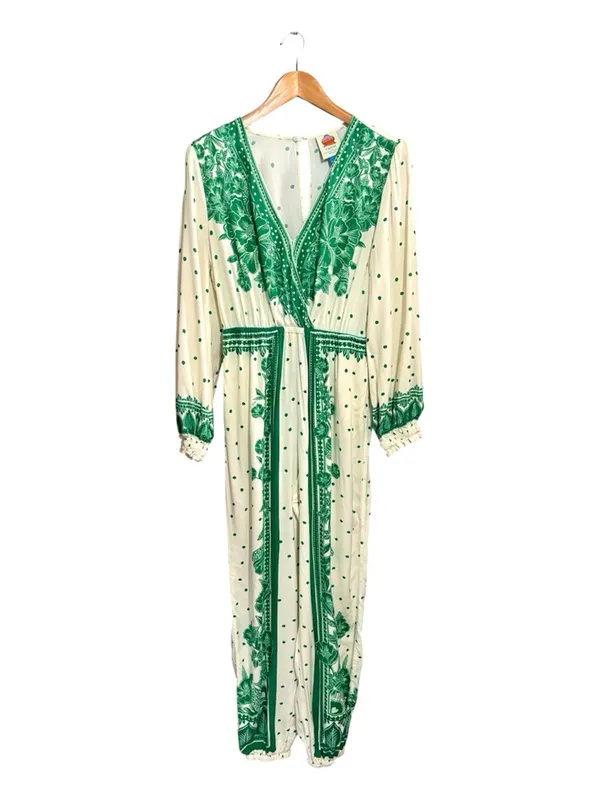 FARM RIO C ANTHROPOLOGIE Green & White Floral Dot Jumpsuit - Image 3