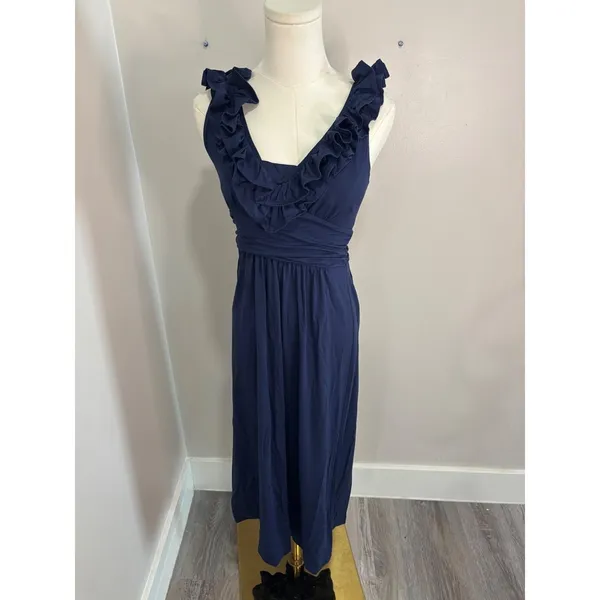 Lilly Pulitzer Navy Blue‎ Ruffle V-Neck Maxi Dress XS Jersey Knit Sleeveless - Image 2