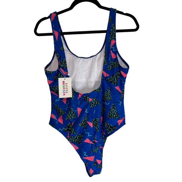 MIAULIA Geometric Print One Piece Swimsuit Royal‎ Blue Pink Teal Women's Size L - Image 5