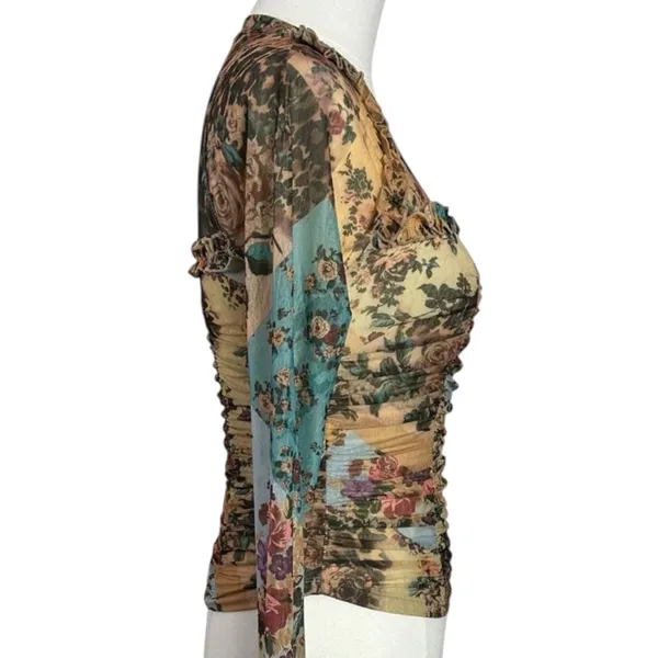 Free People Dainty Retro 90s Ariana Long Sleeve Ruched Top Taupe Combo Medium - Image 7