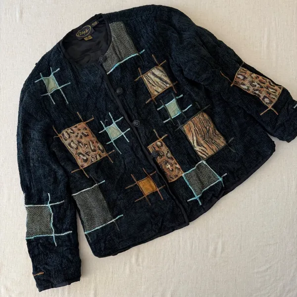 Alex Kin Vintage Patchwork‎ Animal Print Jacket Black Missy Large Art to Wear - Image 12