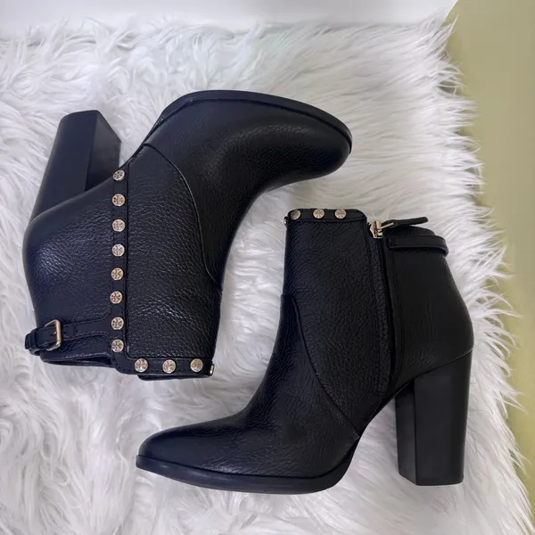 2010s Tory Burch Mae Ankle Boots Bootie Pebbled Leather Black Gold Studs 7.5M - Image 7