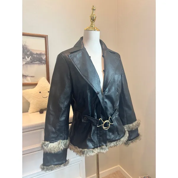 Faux Leather Jacket Fur Trim Y2K Gothic Belted Black Coat Large witchy - Image 3