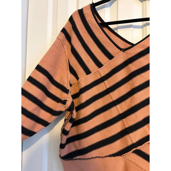 WE THE FREE Striped V Neck Sweater Pink Black‎ Asymmetrical Size L - Image 4