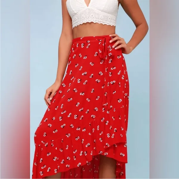 Billabong Dancing Till Dawn Red Floral Midi Wrap Skirt Size Medium - Image 6