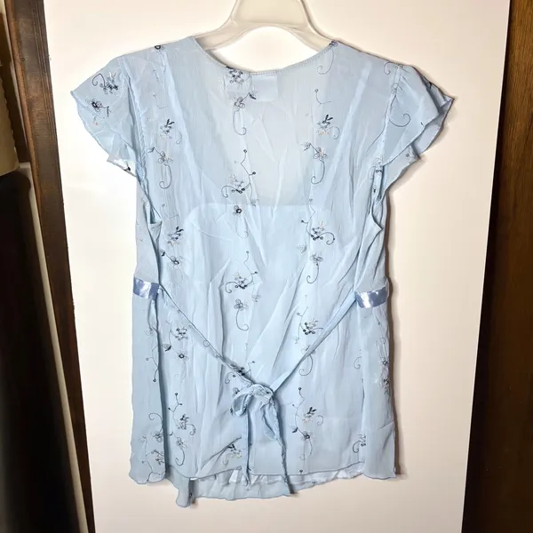 Take Nine Vintage Blouse Womens M Blue Embroidered Satin Trim Fairycore Y2K - Image 5