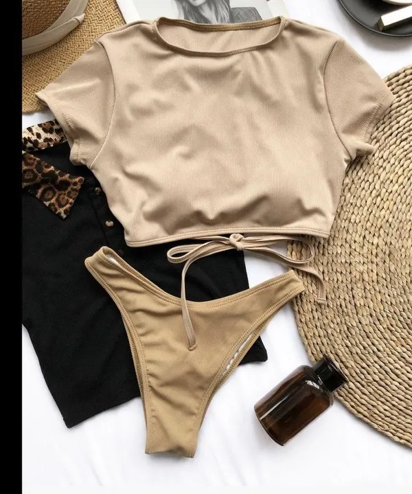 Ribbed t shirt tie back bikini set tan Size L - Image 2