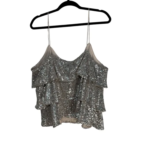 Express Silver Sequin Tiered Camisole V-Neck Spaghetti Strap Tank Top XL 02496 - Image 6
