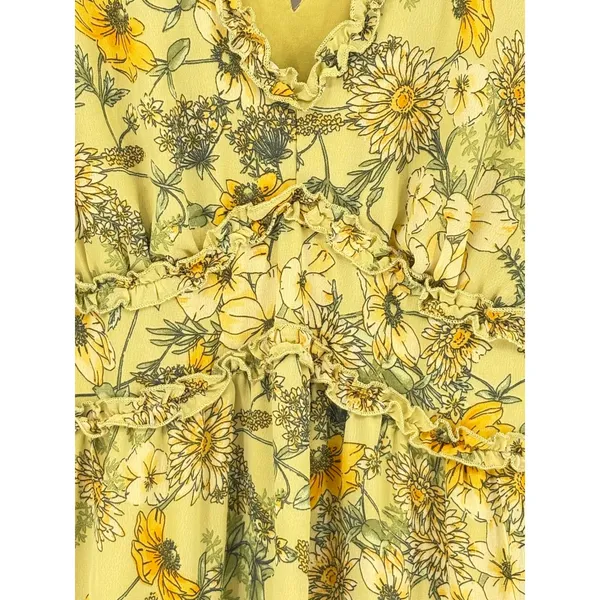 Floral Romantic Prairie Midi Maxi Dress Yellow Green Botanical Ruffle Size Large - Image 5