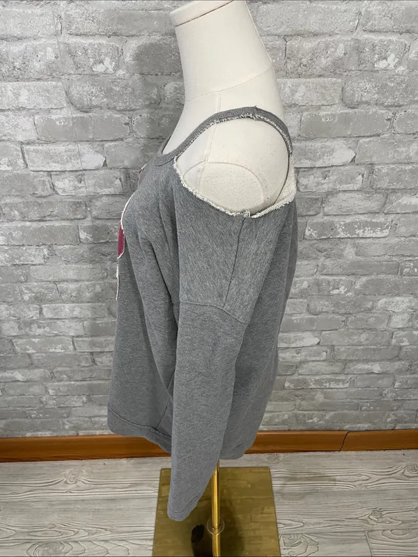Free People Gray Cold-Shoulder Sweatshirt with Burgundy '18' Patch - Image 2