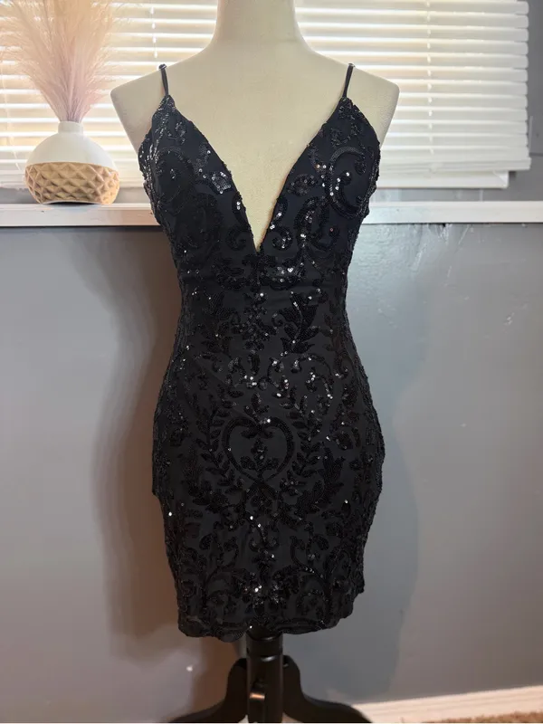 Lovesome Black Sequin Lace Up Open Back Bodycon Mini Dress Size M - Image 5