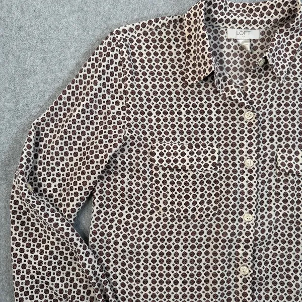 LOFT Ann Taylor Women's Small Brown Cream Floral Button Up Blouse Lightweight - Image 3