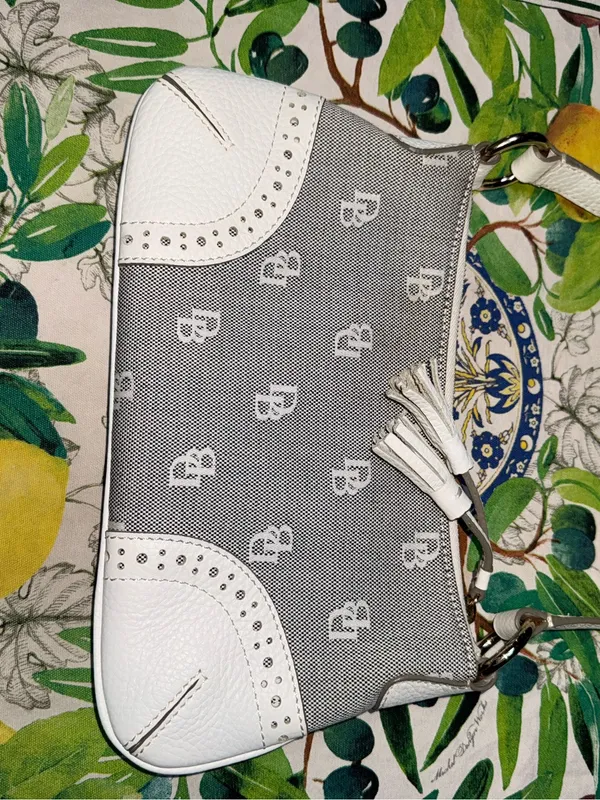 Dooney & Bourke Gray and White Logo Jacquard Tassel Shoulder Bag - Image 6