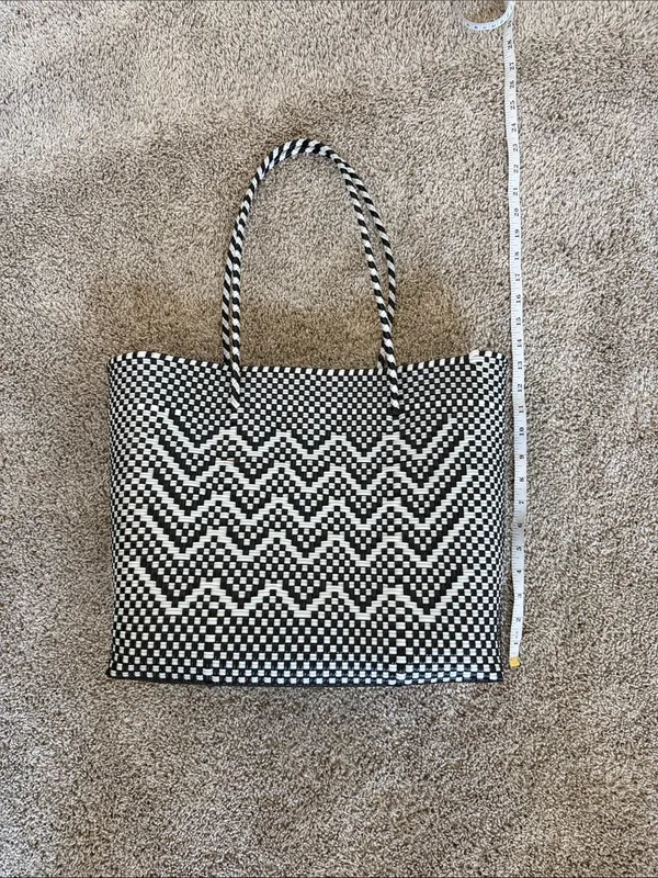 Handwoven Black and White Plastic Tote Bag - Checker Chevron Design - Image 5