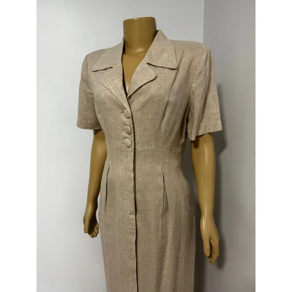 Misty Lane Vintage Linen Blend Maxi Dress Oatmeal Beige Short Sleeve Size 10 USA - Image 2