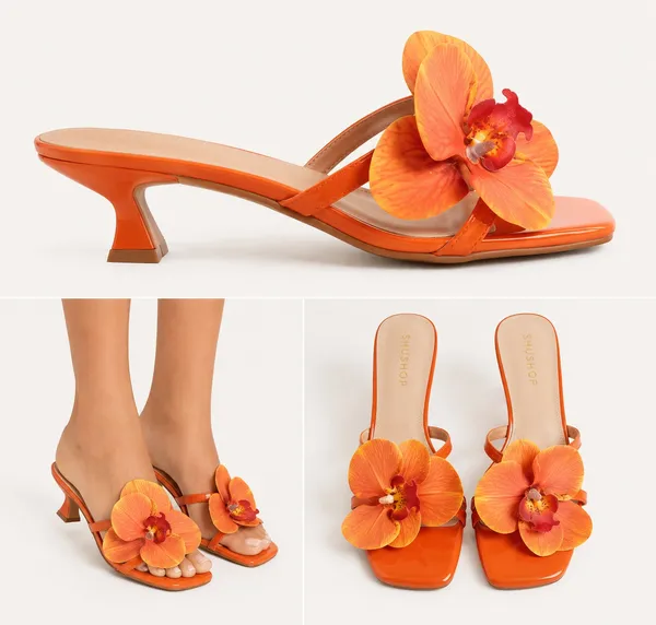 New SHUSHOP Grace Orange Orchid Flower Heels EU 38 US 8 - Image 2