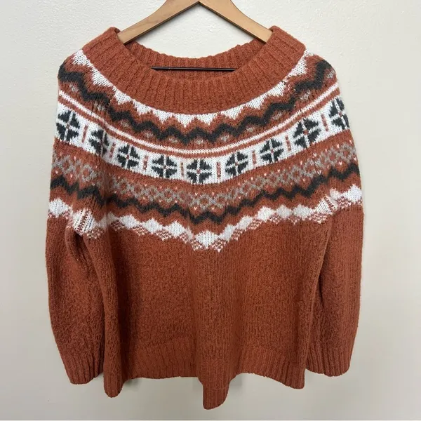 Aerie Fair Isle Knit Sweater Rust Orange Neutral Ivory Earth Cottagecore Large - Image 4