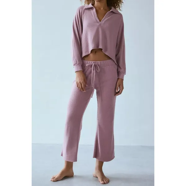 Urban Outfitters Out From Under Cosima Collared Top & Kick Flare Pant SET Mauve - Image 2
