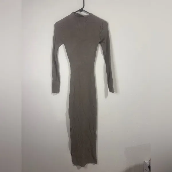 Long-Sleeve Asymmetric Midi Dress in Taupe - Image 3