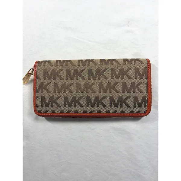 Michael Kors Jet Set Wallet Brown Monogram Canvas Orange Leather Zip Around - Image 3