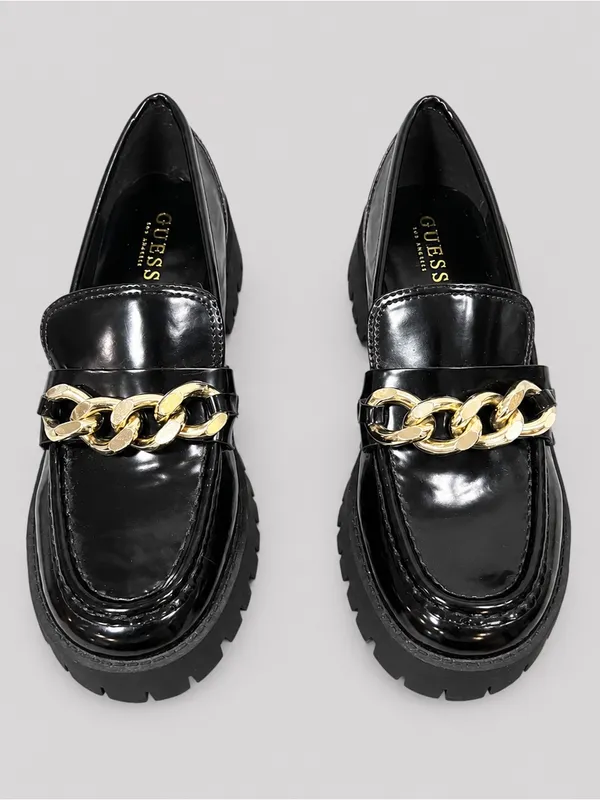 GUESS Hillford Chunky Women Loafer Black Patent Gold Chain Platform Lug Sole 9.5 - Image 4