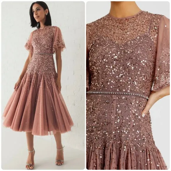 Mac Duggal Pink Cape Sleeve Beaded Tea Length Drop Waist Dress size 6 C9 - Image 2