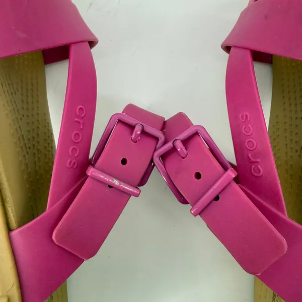 Crocs Tulum Toe Post Sandal Flip Flop Fuchsia Pink Tan Women 6 Buckle Straps - Image 7