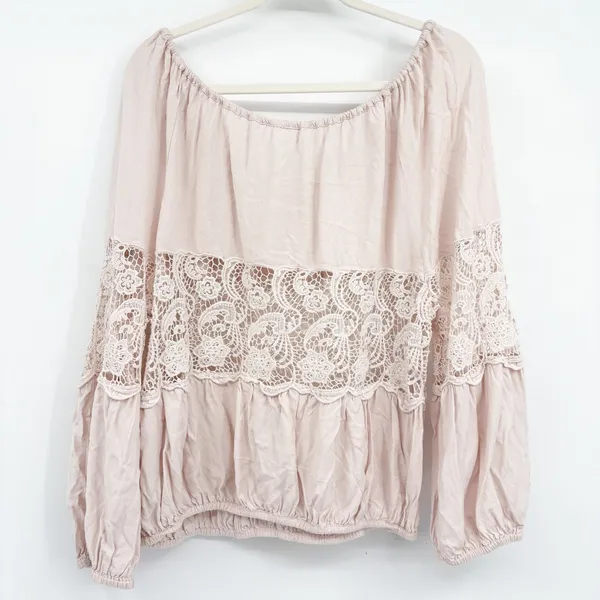 Free People Womens Blush‎ Pink Lace Inset Boho Gotta Love It Peasant Blouse XS - Image 7