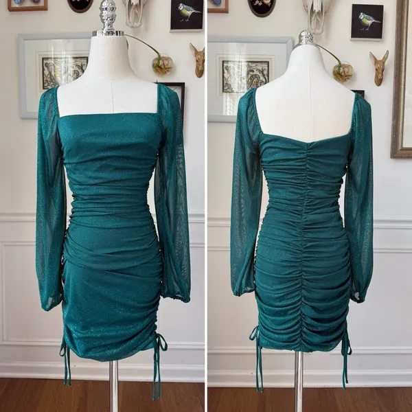 Vintage Y2K Jump Apparel Green Glitter Ruched Long Sleeve Mini Dress XS - Image 2
