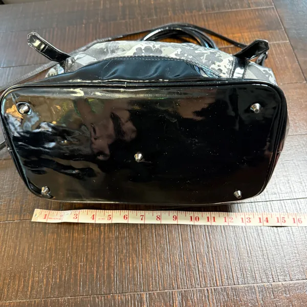 Floral Plaid Check Satchel Bag‎ Black White Patent Trim Purse Tote Crossbody - Image 13