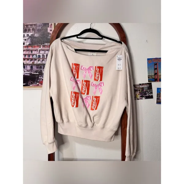 Abercrombie Coca Cola Sunday Slash Off Shoulder Sweatshirt NEW - Image 4