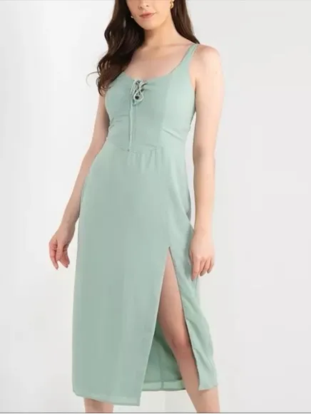Abercrombie & Fitch Corset Lace-Up Midi Dress Slit Light Green Large Petite - Image 15