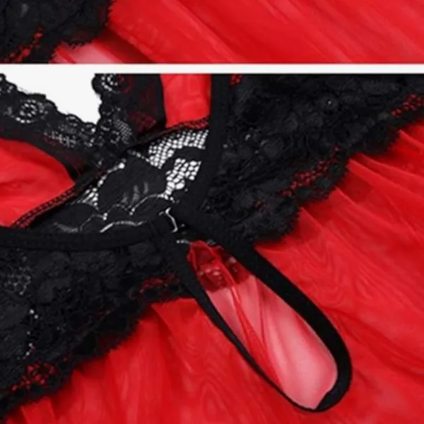 Vibrant Red Chemise Baby doll with Black Lace Trim XL - Image 4