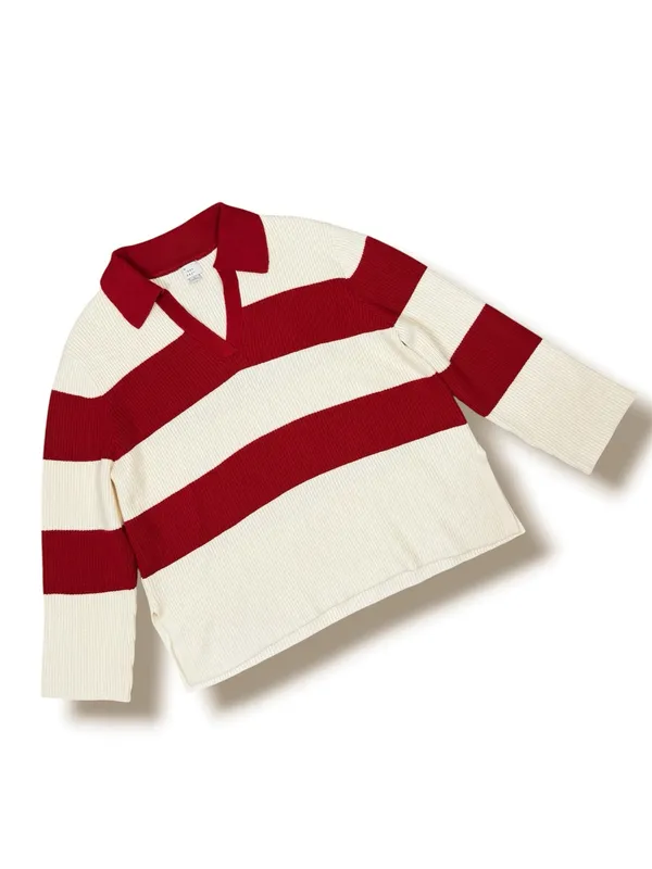 A New Day Rugby Stripe Polo Collar‎ Oversized Sweater Cream Red Large Preppy - Image 13