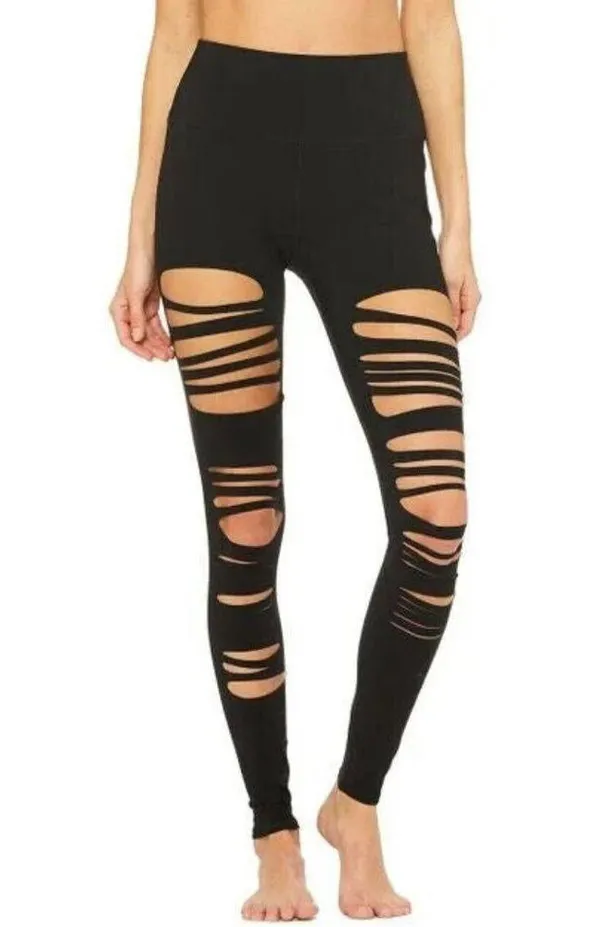 Alo High-Waist Extreme Ripped Warrior Leggings Black Edgy Hi-Rise Destroyed Pant - Image 6