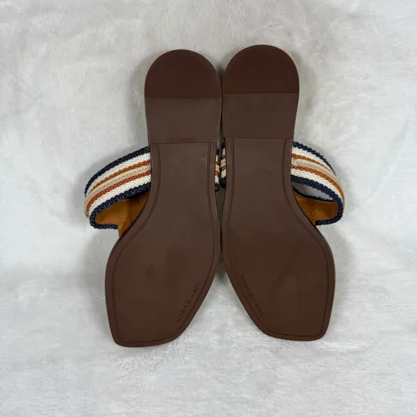 Tory Burch Eleanor Thong Sandal Beige Multi Striped Canvas Gold Chain Flat 5.5 - Image 11