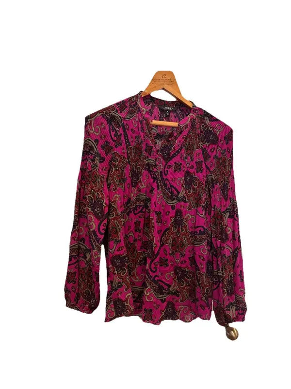 LAUREN Ralph Lauren Black Label Purple Paisley Pleated Georgette Blouse Size M - Image 2